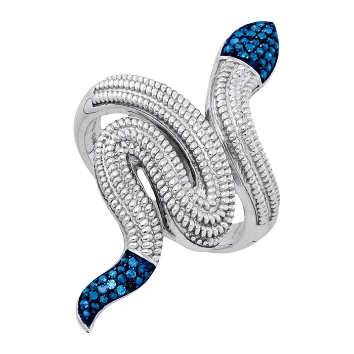 Sterling Silver Womens Round Blue Color Enhanced Diamond Serpent Snake Fashion Ring 16 Cttw mayamila Rings