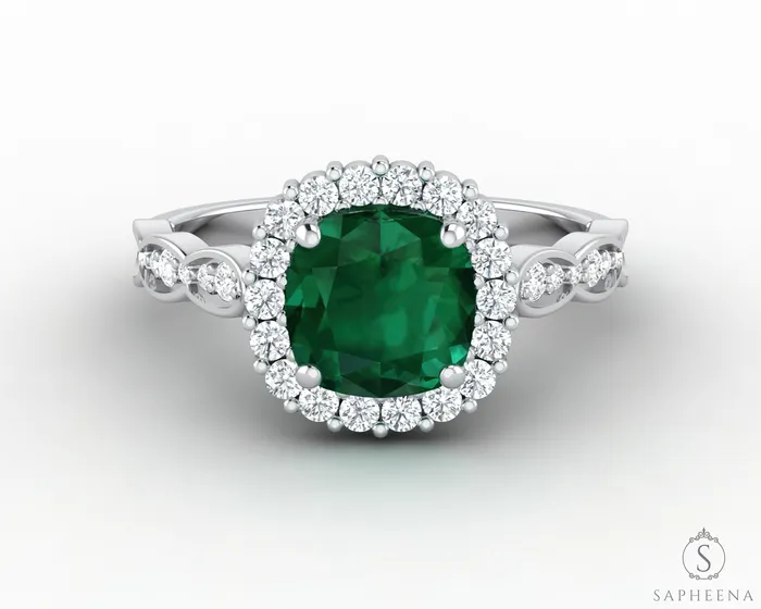 Sapheena Jewelry Rings Noya 15 Ct Cushion Cut Halo Green Emerald Engagement Ring with Side Stones