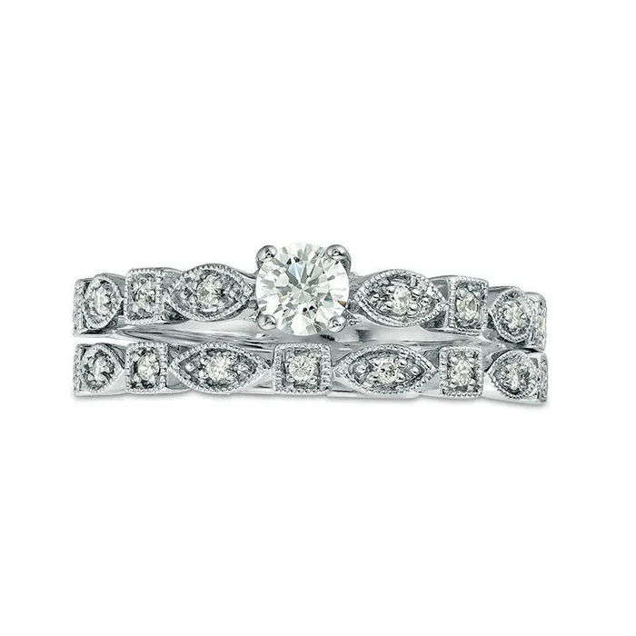 038 CT TW Natural Diamond Alternating Antique VintageStyle Bridal Engagement Ring Set in Solid 14K White Gold Goldia Rings 038 CT TW Natural Diamond Alternating Antique VintageStyle Bridal Engagement Ring Set in Solid 14K White Gold Goldia Rings