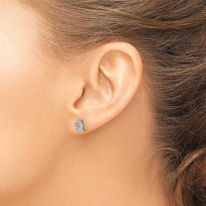 Earrings Goldia Solid 14k White Gold Simulated CZ Initial Q Earrings