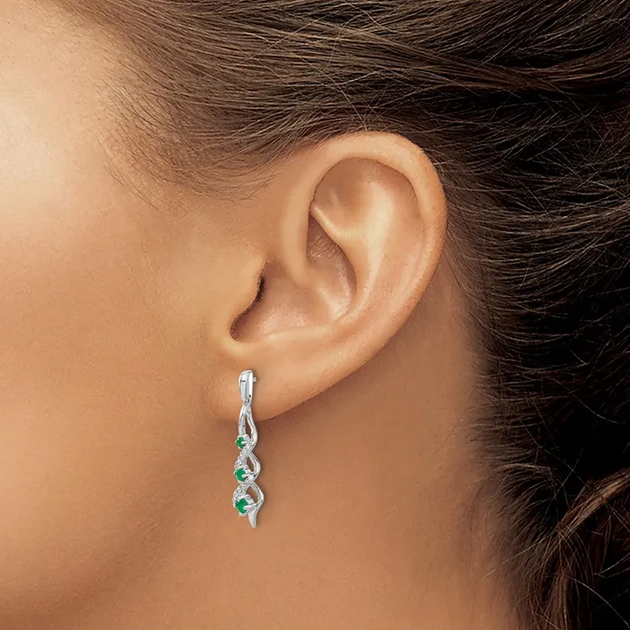 Earrings Solid 14k White Gold Simulated CZ and Emerald Post Dangle Earrings Goldia