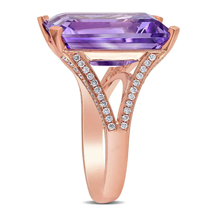 EmeraldCut Amethyst and 038 CT TW Natural Diamond Split Shank Ring in Solid 14K Rose Gold Goldia Rings EmeraldCut Amethyst and 038 CT TW Natural Diamond Split Shank Ring in Solid 14K Rose Gold Goldia Rings