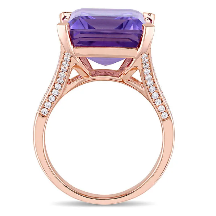 EmeraldCut Amethyst and 038 CT TW Natural Diamond Split Shank Ring in Solid 14K Rose Gold Goldia Rings EmeraldCut Amethyst and 038 CT TW Natural Diamond Split Shank Ring in Solid 14K Rose Gold Goldia Rings