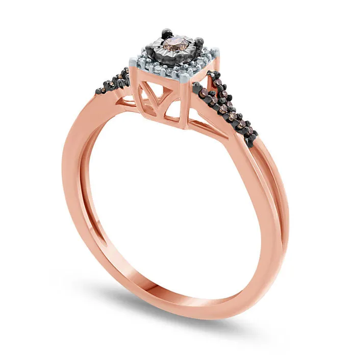 Goldia 010 CT TW Champagne and White Natural Diamond Frame Twist Shank Promise Ring in Solid 10K Rose Gold Rings