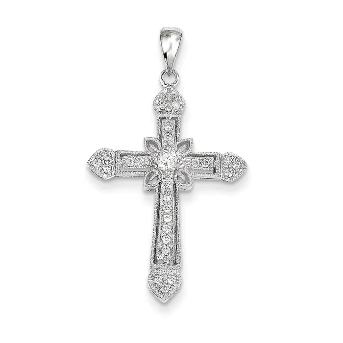Goldia 14k White Gold Filigree Real Diamond Cross Pendant Necklaces