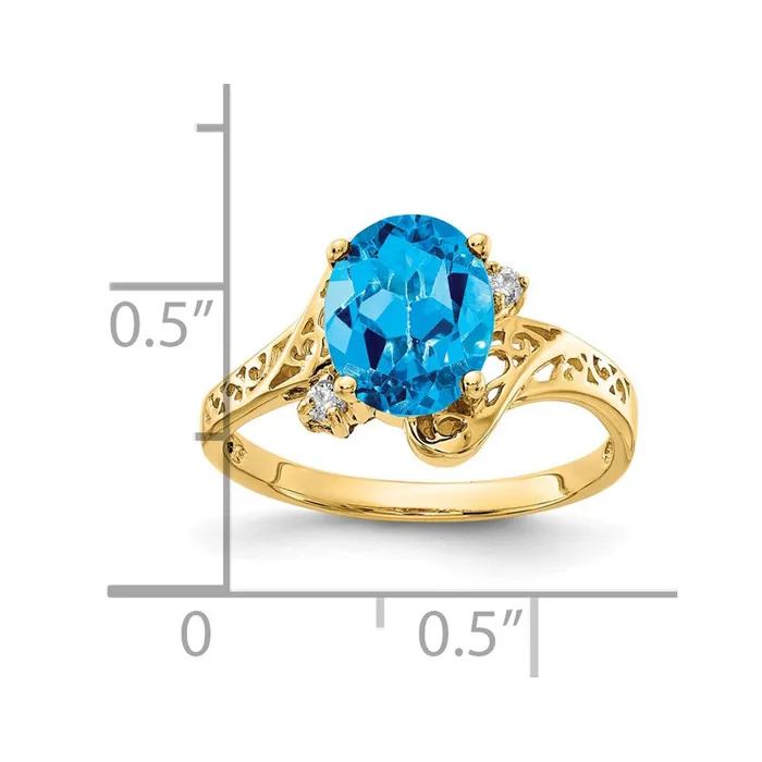 Goldiacom Rings 14K Yellow Gold 9x7mm Oval Blue Topaz AAA Real Diamond ring