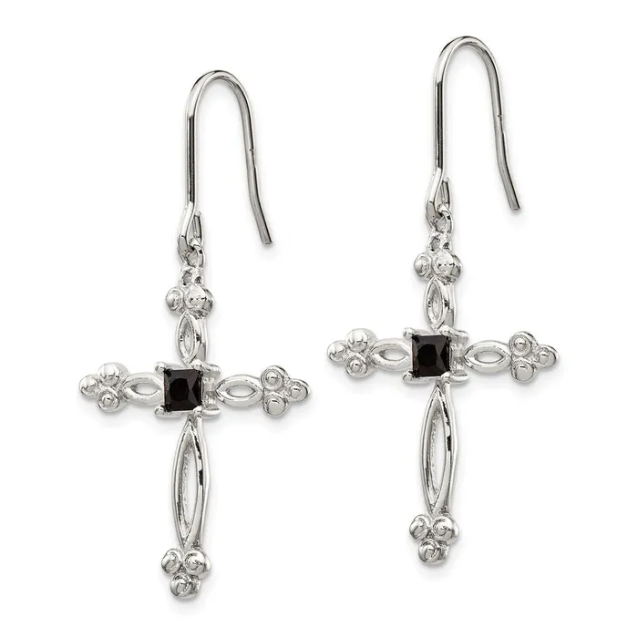 Goldia Earrings Sterling Silver Rhodiumplated Polished Diamond Accent u0026 Black CZ Budded Cross Dangle Earrings