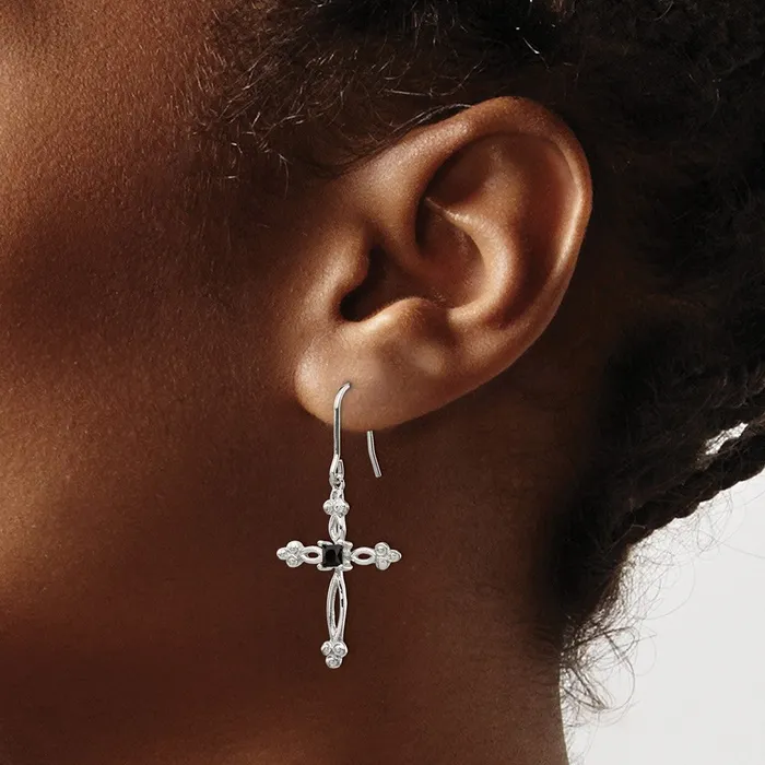 Goldia Earrings Sterling Silver Rhodiumplated Polished Diamond Accent u0026 Black CZ Budded Cross Dangle Earrings