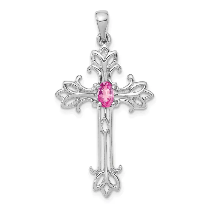 Goldia Necklaces 14k White Gold 5x3mm Oval Pink Sapphire cross Pendant