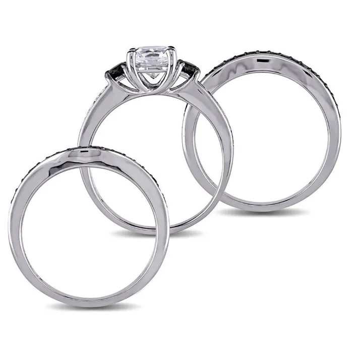 Goldia Rings 65mm LabCreated White Sapphire and 075 CT TW Enhanced Black Diamond Three Piece Bridal Engagement Ring Set in Sterling Silver Goldia Rings 65mm LabCreated White Sapphire and 075 CT TW Enhanced Black Diamond Three Piece Bridal Engagement Ring Set in Sterling Silver