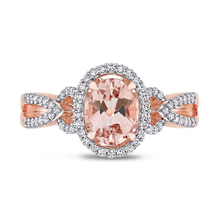 Goldia Rings Oval Morganite and 020 CT TW Natural Diamond Frame Pointed Split Shank Buckle Ring in Solid 14K Rose Gold