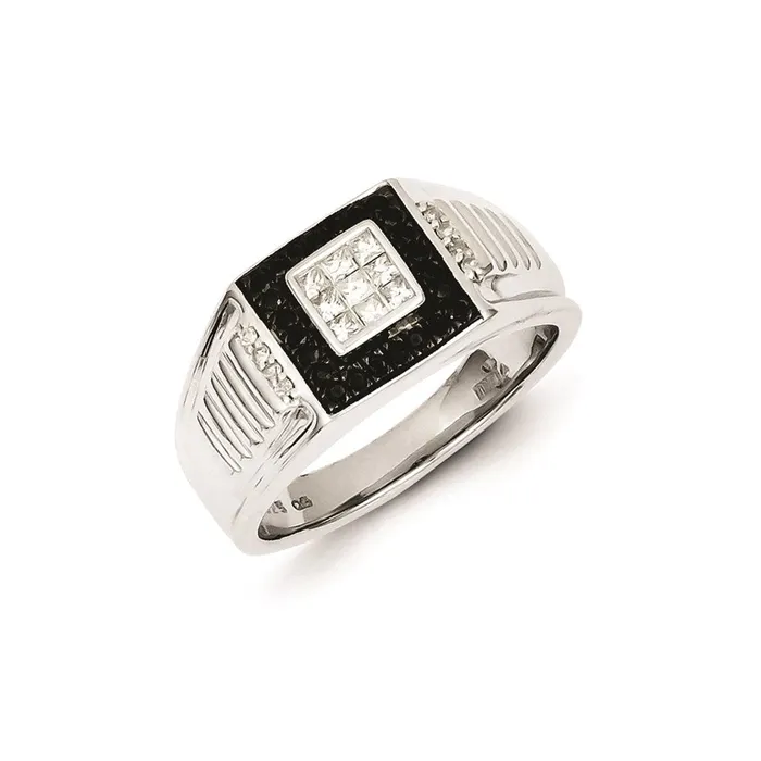Goldia Rings Sterling Silver Rhodium Plated Black and White Diamond Mens Ring