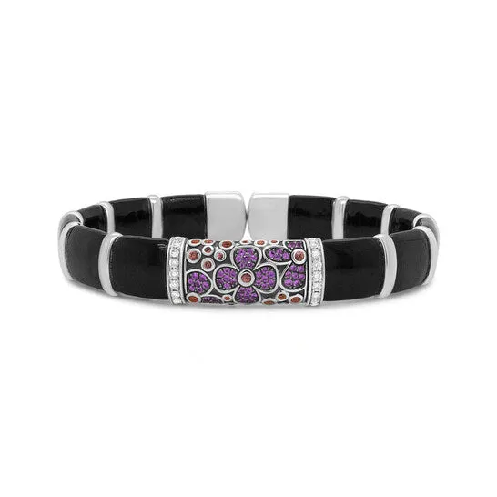 JMS always Rings Original 925 Sterling Silver Black and Brown Enamel 13 Cttw Diamonds and Pink and Orange Sapphire Gemstones Floral Statement Bangle FG VS1VS2
