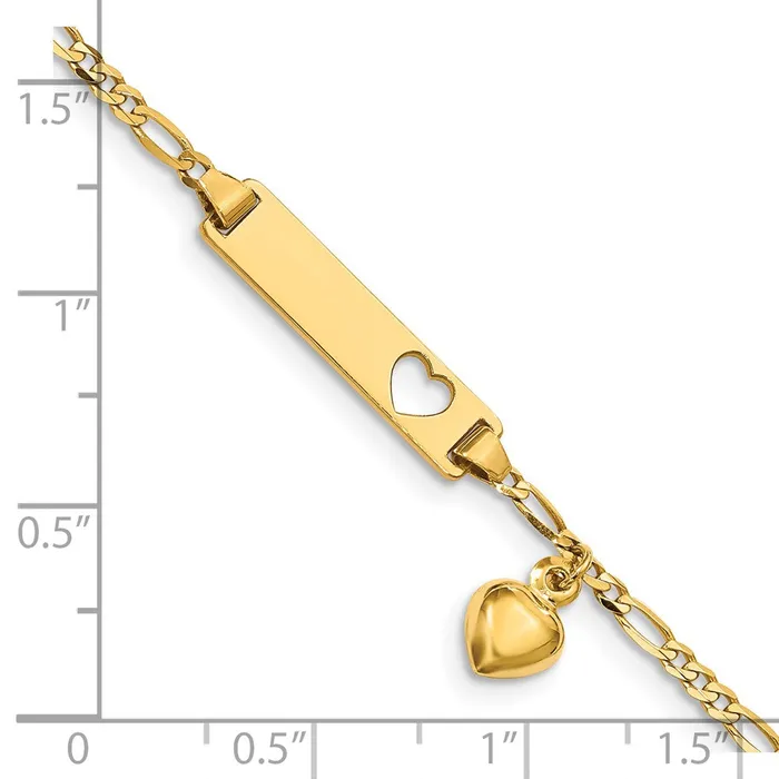 MDS Bracelets Solid 14K Yellow Gold Cutout Heart wDangling Heart Childrens Figaro Link ID Bracelet
