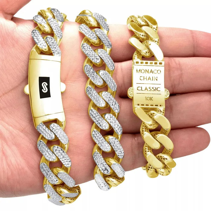 Necklaces Goldiacom 10k Yellow Gold 15mm Monaco Miami Cuban Link Diamond Cut Pave Chain Necklace 20