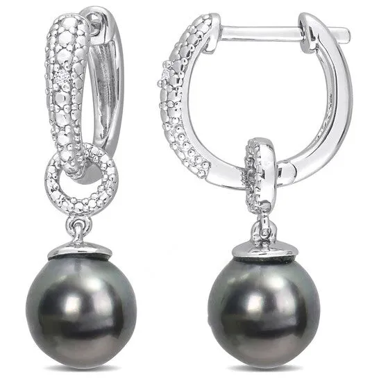 Original AMOUR 885mm Black Tahitian Cultured Pearl and Diamond Accent Drop Huggie Earrings In Sterling Silver JMS always Earrings Original AMOUR 885mm Black Tahitian Cultured Pearl and Diamond Accent Drop Huggie Earrings In Sterling Silver JMS always Earrings