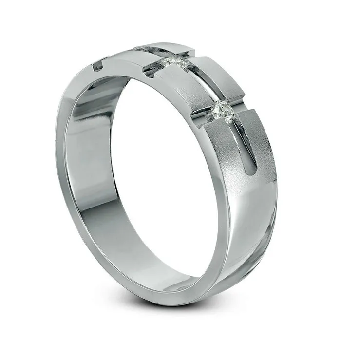 Previously Owned Mens 013 CT TW Natural Diamond Three Stone Band in Solid 10K White Gold Goldia Rings