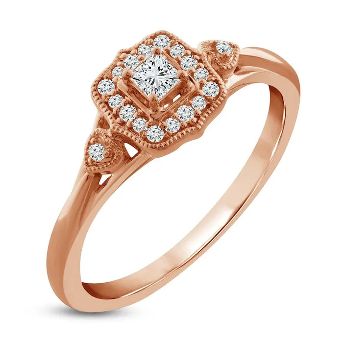Rings Goldia 020 CT TW PrincessCut Natural Diamond Ornate Cushion Frame Antique VintageStyle Promise Ring in Solid 10K Rose Gold Rings Goldia 020 CT TW PrincessCut Natural Diamond Ornate Cushion Frame Antique VintageStyle Promise Ring in Solid 10K Rose Gold
