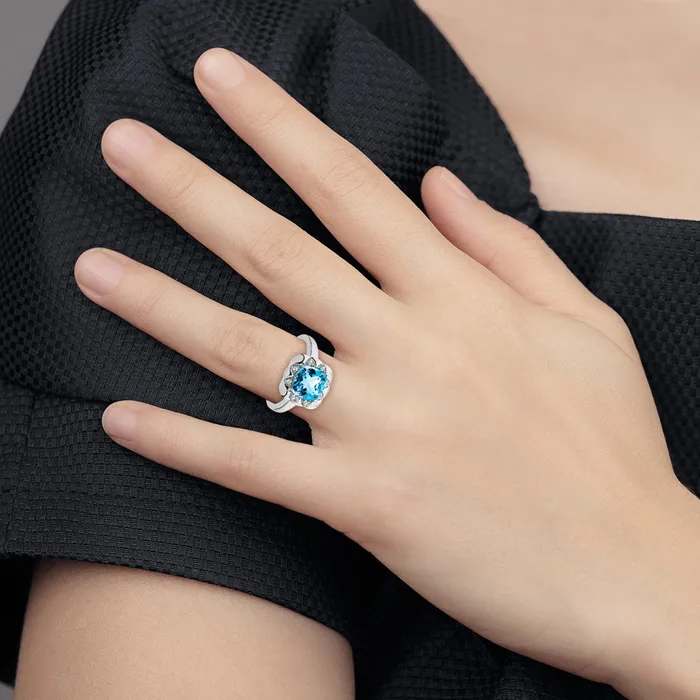 Rings Goldia Solid 14k White Gold Simulated Blue Topaz and CZ Ring
