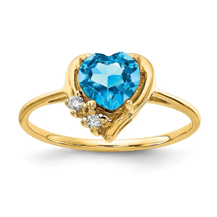 Solid 14k Yellow Gold 6mm Heart Simulated Blue Topaz AAA CZ Ring Goldia Rings