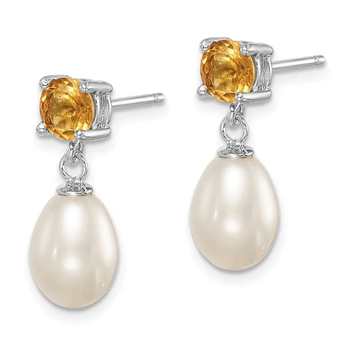 Sterling Silver Rhodium Plated Citrine and 78mm Freshwater Cultured Pearl Teardrop Dangle Post Earrings Goldia Earrings