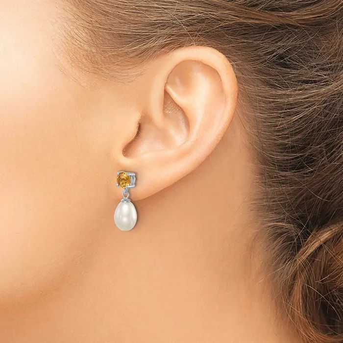 Sterling Silver Rhodium Plated Citrine and 78mm Freshwater Cultured Pearl Teardrop Dangle Post Earrings Goldia Earrings