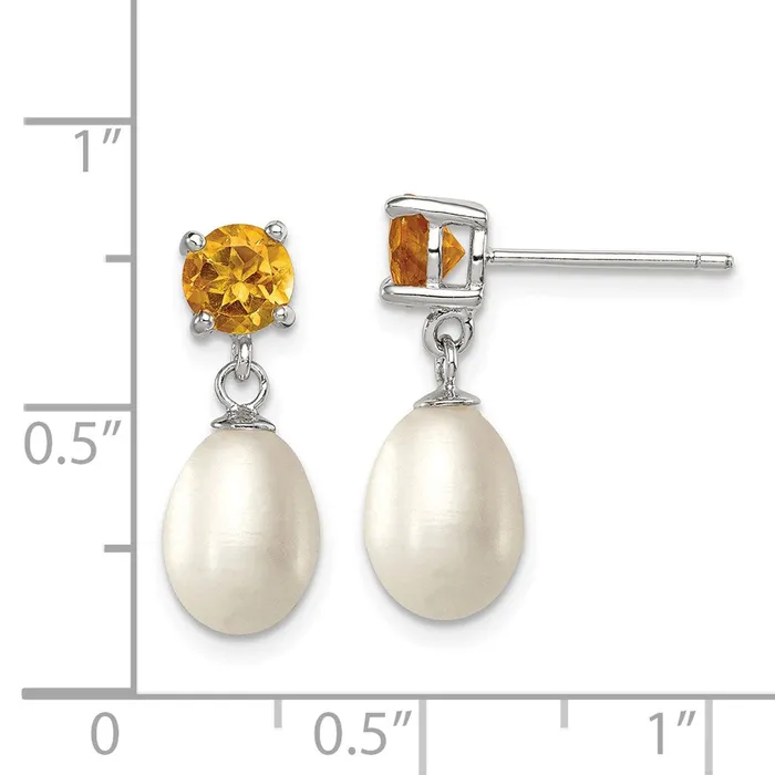 Sterling Silver Rhodium Plated Citrine and 78mm Freshwater Cultured Pearl Teardrop Dangle Post Earrings Goldia Earrings