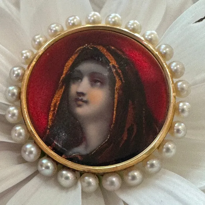 14 Karat Yellow Gold Enamel Portrait and Pearl PinPendant 54800433 ONeills Estate Jewelry Necklaces