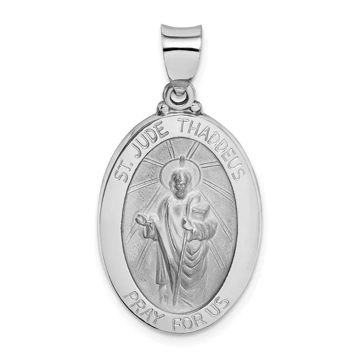 14K White Gold PolishSatin St Jude Thaddeus Medal Hollow Pendant TreasureFineJewelers Necklaces