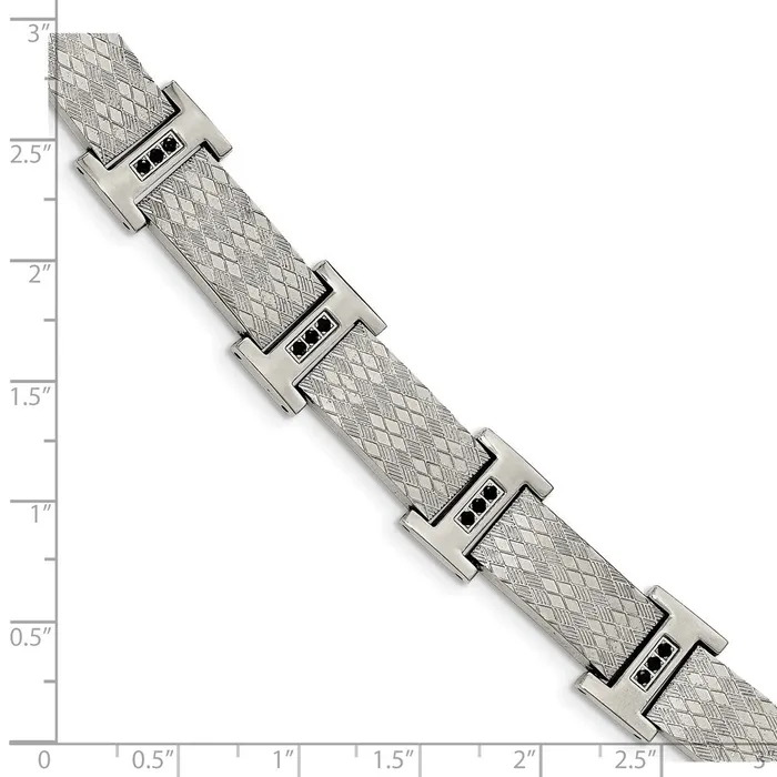 Bracelets Chisel Stainless Steel Polished and Textured with Black CZ 85 inch Link Bracelet TreasureFineJewelers