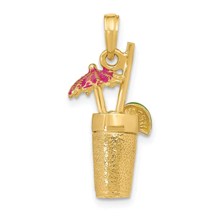 Charm Necklaces TreasureFineJewelers 14k Yellow Gold 3D Cocktail Drink wFuschia Enamel Umbrella and Lime Charm