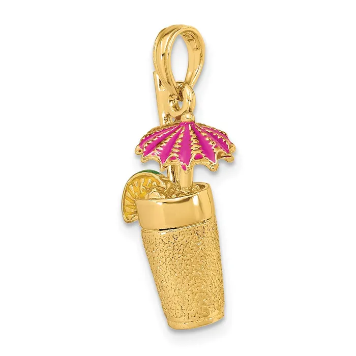 Charm Necklaces TreasureFineJewelers 14k Yellow Gold 3D Cocktail Drink wFuschia Enamel Umbrella and Lime Charm