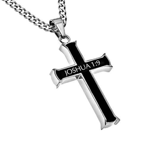 Mens Black Steel Cross Pendant Joshua 19 Bible Verse Necklace Curb Chain North Arrow Shop Necklaces