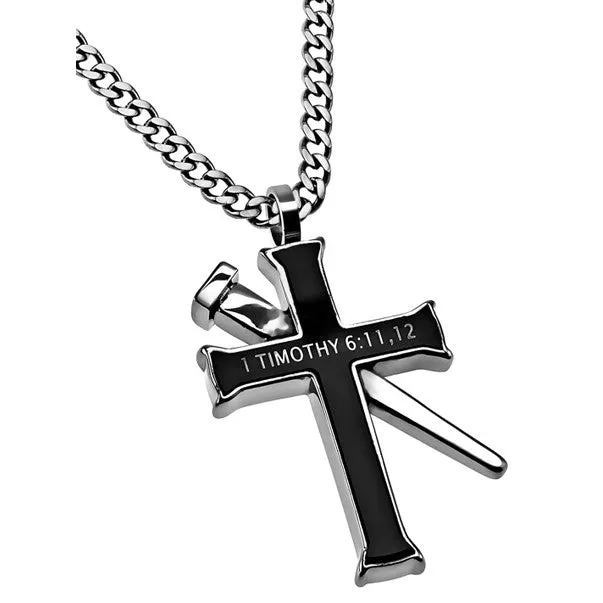 Necklaces North Arrow Shop 1 TIMOTHY 61112 Black Cross and Nail Necklace with Bible Verse Stainless Steel Curb Chain
