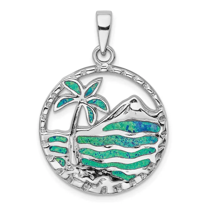 Necklaces TreasureFineJewelers Sterling Silver Rhodplated Created Opal Palm Tree Ocean Pendant