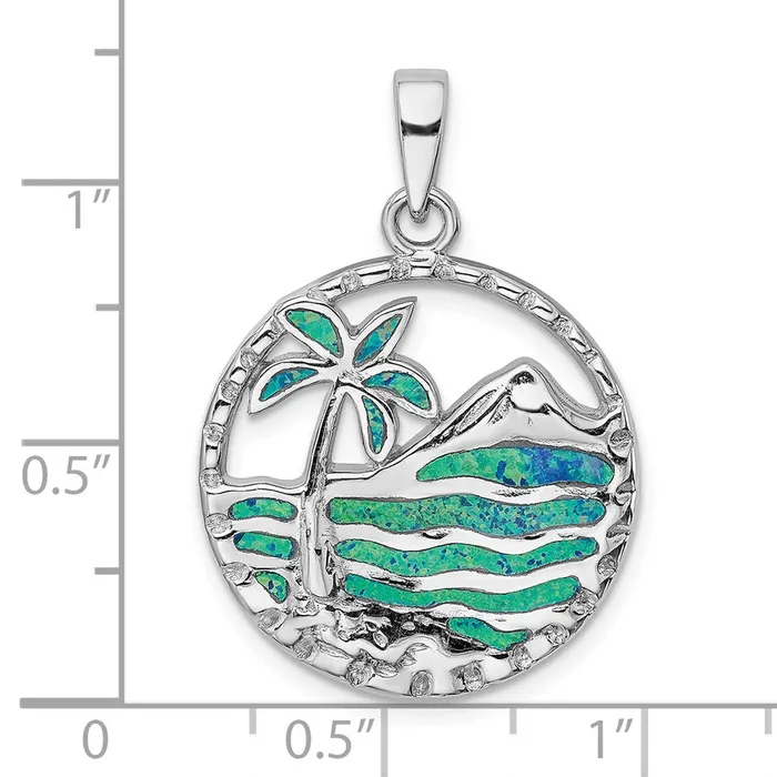 Necklaces TreasureFineJewelers Sterling Silver Rhodplated Created Opal Palm Tree Ocean Pendant