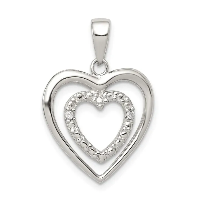 Necklaces TreasureFineJewelers Sterling Silver Rhodiumplated Polished CZ Double Heart Pendant