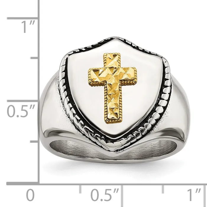 Rings TreasureFineJewelers Stainless Steel w14k Accent Antiqued Polished Cross on Shield Ring