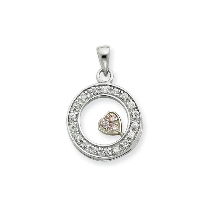 Sterling Silver CZ Circle with Pink CZ Heart Pendant TreasureFineJewelers Necklaces