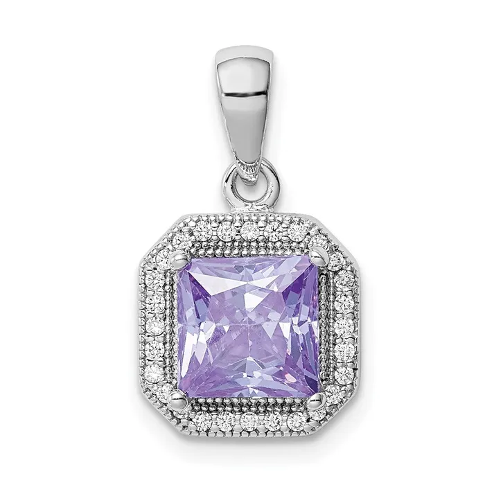 Sterling Silver Rhodium Plated Clear CZ and Square Lt Purple CZ Pendant TreasureFineJewelers Necklaces