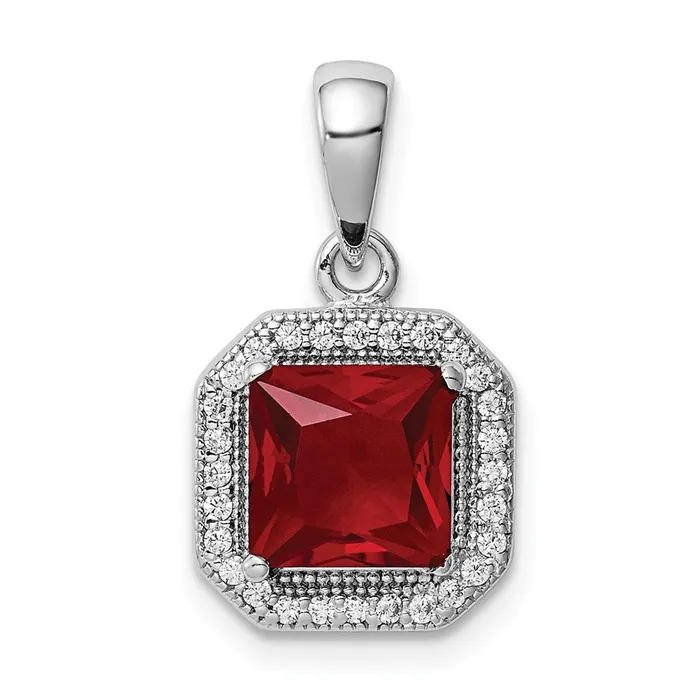Sterling Silver Rhodium Plated Clear CZ and Square Red CZ Pendant TreasureFineJewelers Necklaces