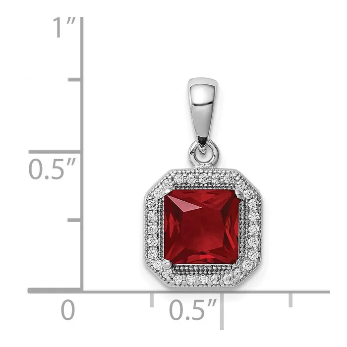 Sterling Silver Rhodium Plated Clear CZ and Square Red CZ Pendant TreasureFineJewelers Necklaces