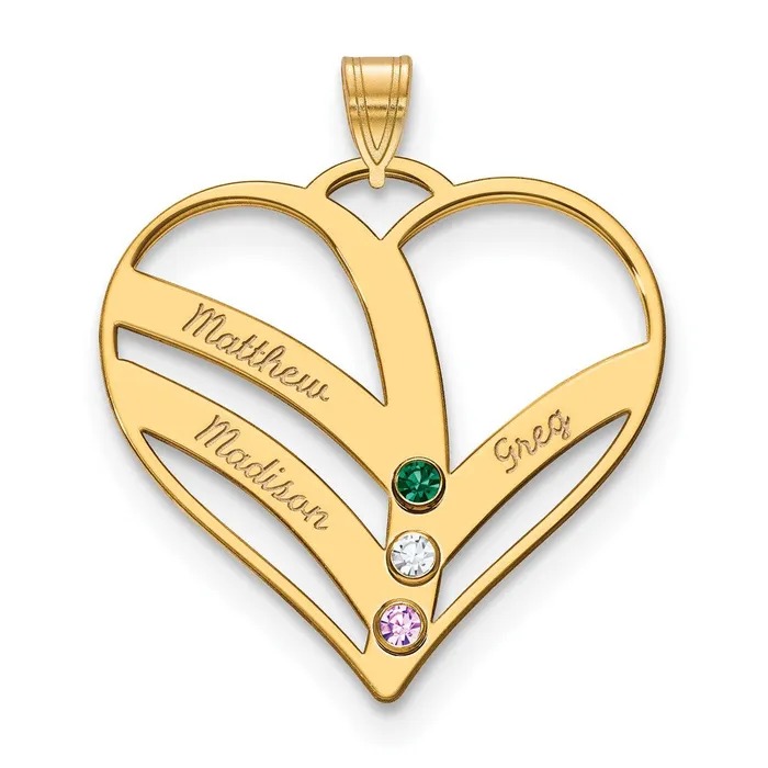 TreasureFineJewelers 10KY 3 Name and Birthstone w 18k Bezel Cut Out Heart Necklace Necklaces