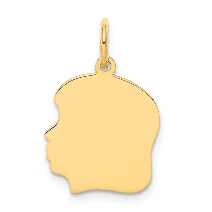 TreasureFineJewelers 14k Yellow Gold Plain Medium 018 Gauge Facing Left Engravable Girl Head Charm Charm Necklaces TreasureFineJewelers 14k Yellow Gold Plain Medium 018 Gauge Facing Left Engravable Girl Head Charm Charm Necklaces