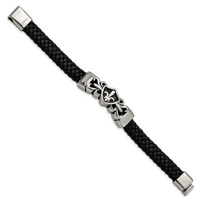 TreasureFineJewelers Chisel Stainless Steel Antiqued and Polished Fleur de Lis Black Braided Leather 825 inch Bracelet Bracelets