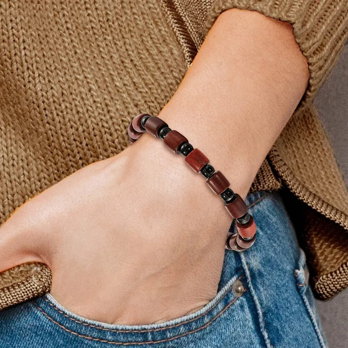 TreasureFineJewelers Chisel Stainless Steel Polished Black IPplated Beads and Wood Beaded Stretch Bracelet Bracelets