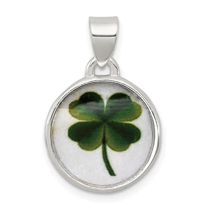 TreasureFineJewelers Necklaces Sterling Silver 4 Leaf Clover Clear Enamel Pendant