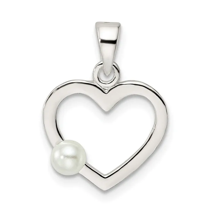 TreasureFineJewelers Necklaces Sterling Silver Polished Imitation Pearl Heart Pendant