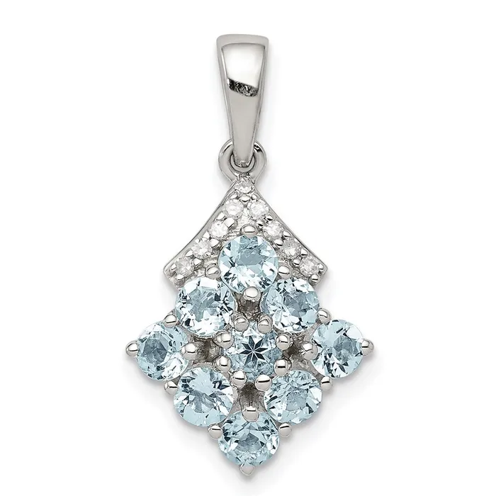 TreasureFineJewelers Necklaces Sterling Silver Rhodium Plated Diamond Aquamarine Pendant