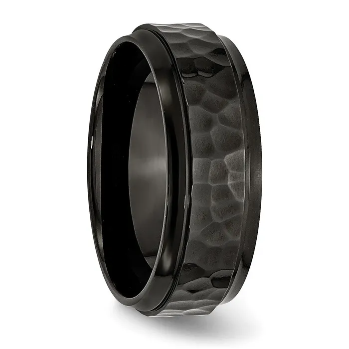 TreasureFineJewelers Rings Stainless Steel PolishedHammered Black IPplated 8mm Beveled Edge Band